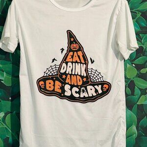 “Eat Drink And Be Scary” Ladies White Short Sleeve Blended T-Shirt Size Small
